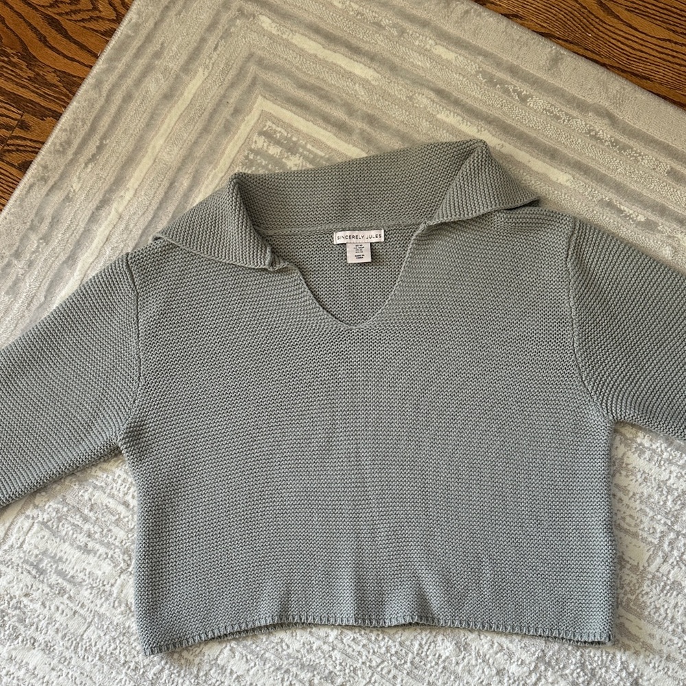 Sincerely Jules Sage Cropped Collared V-Neck Sweater